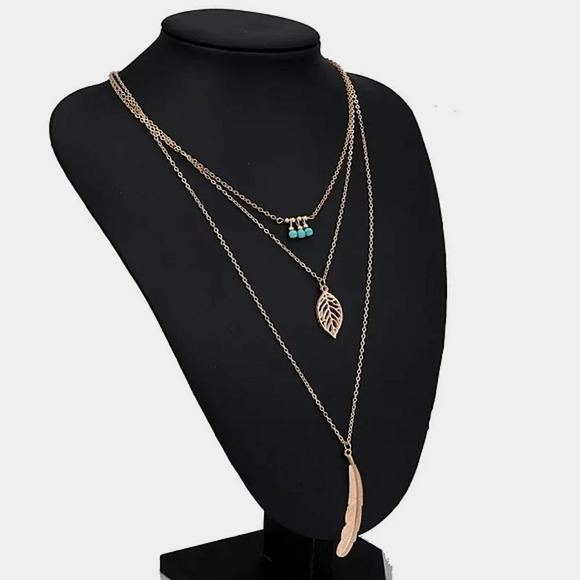 NEW Gold Feather Turquoise‎ Layered Necklace - Picture 1 of 16